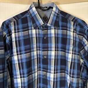 Bugatchi Uomo Mens Plaid Classic Fit Button Down Shirt Size L Navy Blue Cotton